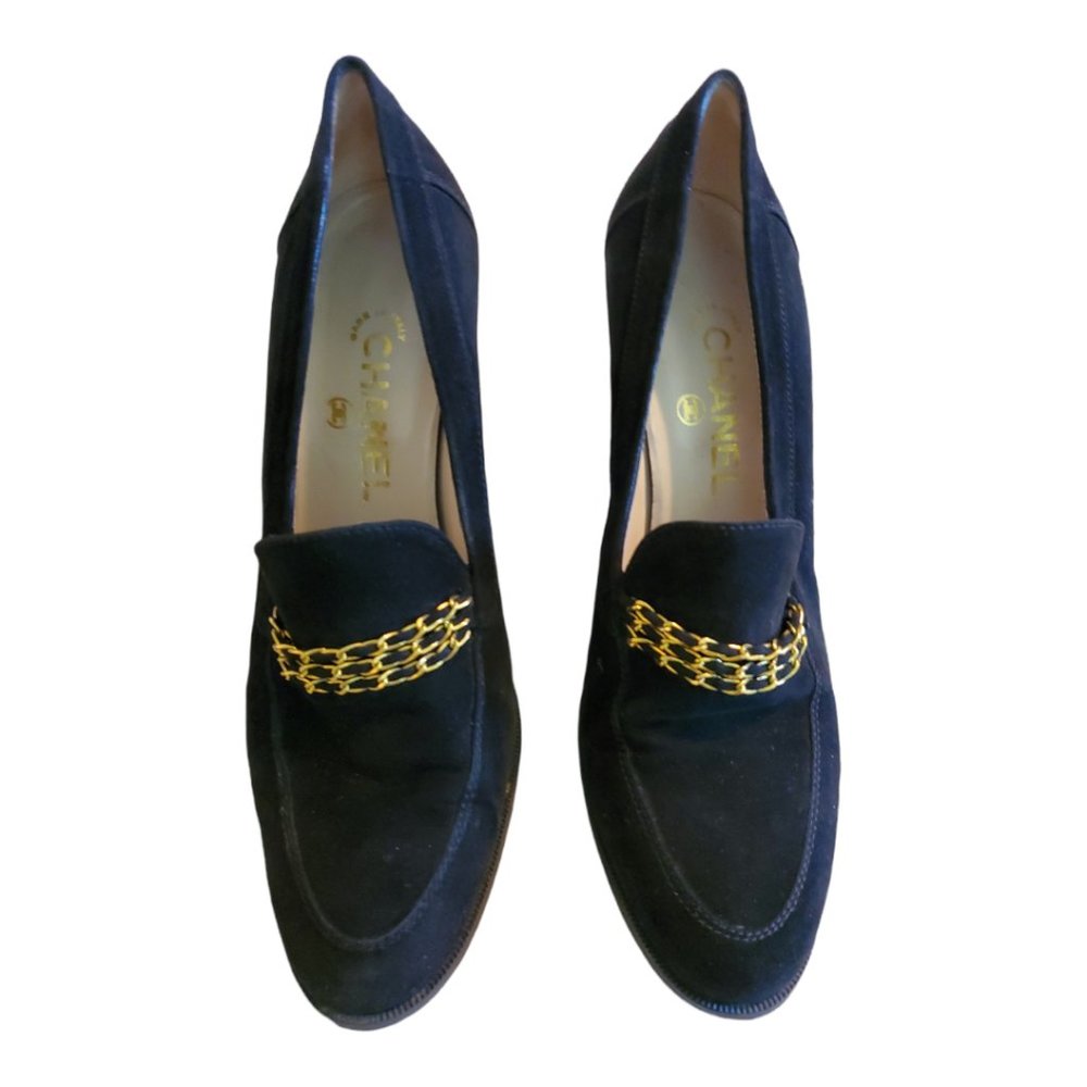 CHANEL Black Suede Gold Chain Penny Loafer Heels